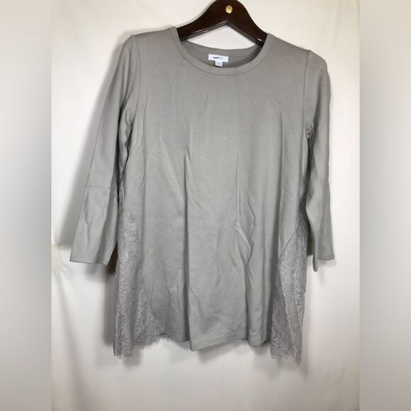J Jill Sz Small Taupe Beige Lace Back Ponte Top Shirt Tunic Gray Tan - Picture 1 of 6